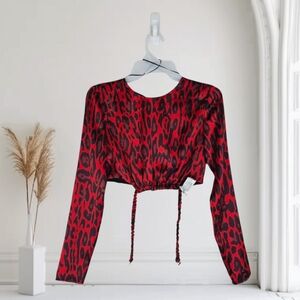 Zara Red Cheetah Print Long Sleeve Cut Out Crop Top Size XS NWT